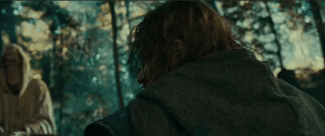 a man with long hair and a beard is in a forest