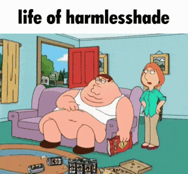 a cartoon of a fat man sitting on a couch with the words life of harmlessshade below him