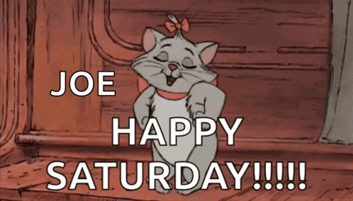 a cartoon cat says " joe happy saturday !!! "