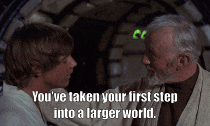 two men are standing next to each other with the words " you 've taken your first step into a larger world "