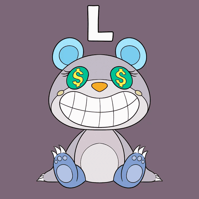 a teddy bear with dollar signs in its eyes and a letter l above it
