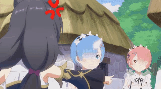 a group of anime characters are standing in front of a thatched hut