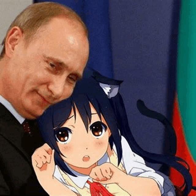 a man in a suit and tie is holding a cartoon girl with a cat ear .