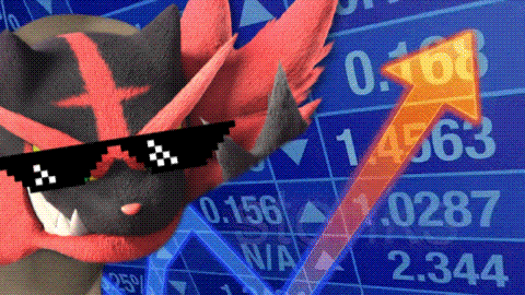 a cartoon character wearing sunglasses is standing in front of a stock chart with an arrow pointing up