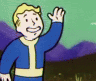 a cartoon of vault boy from fallout waving his hand .