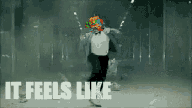 a man in a tuxedo is dancing with the words " it feels like " below him