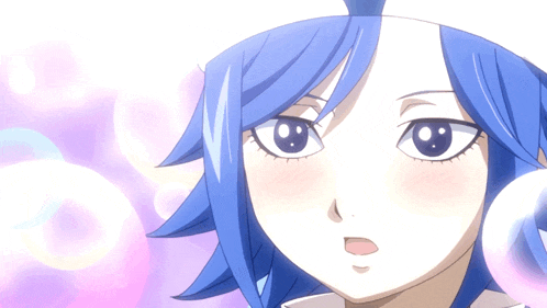 a close up of a blue haired anime character with a surprised look on her face