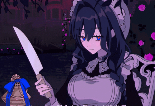 a girl with blue eyes is holding a knife in her hand