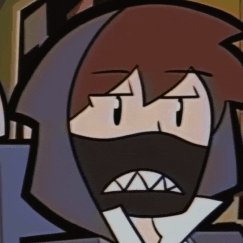 a close up of a cartoon character wearing a mask with sharp teeth