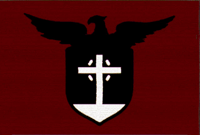a black eagle with wings and a white cross on a red background