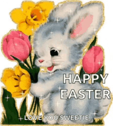 a happy easter greeting card with a bunny holding a bouquet of flowers