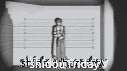 a black and white photo of a man standing in front of a police lineup and the words shshrdthfriday