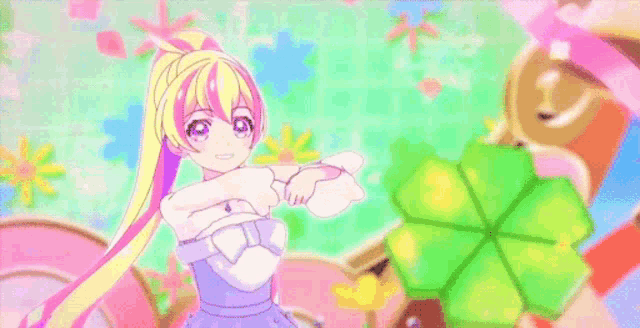 a cartoon girl with purple hair and a red dress is dancing with her arms outstretched in front of a colorful background .