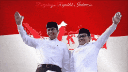 two men raising their arms in front of a red white and blue flag that says republik indonesia