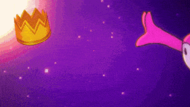 a purple background with a crown and a pink hand