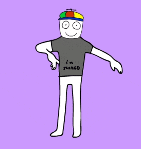 a cartoon character wearing a hat and a t-shirt that says i 'm scared