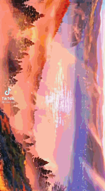 a painting of a waterfall with trees in the foreground and a tiktok logo in the corner