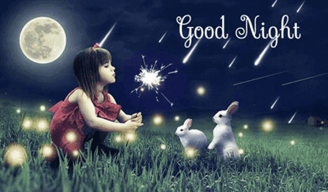 a little girl is holding a sparkler in a field with two rabbits and the words good night