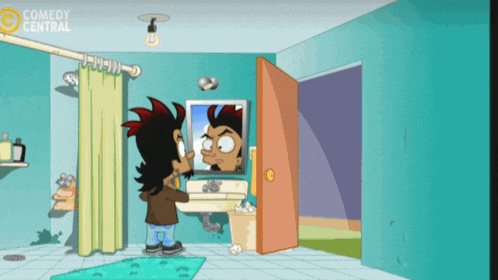 a cartoon of a person looking at their reflection in a bathroom with comedy central written on the ceiling