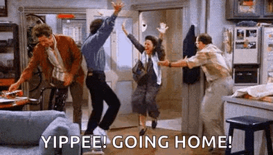 a group of people are dancing in a living room with the words `` yippee ! going home '' .