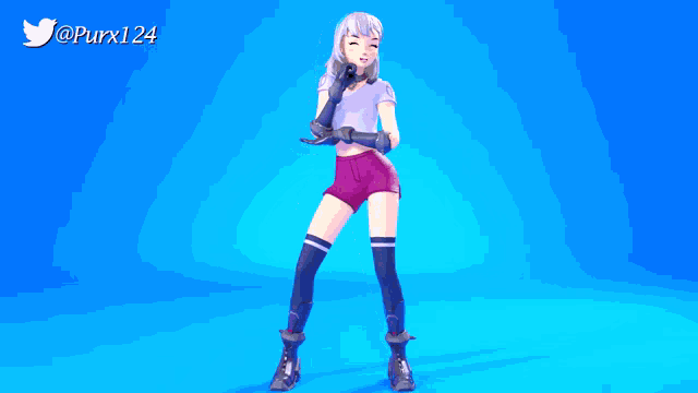a cartoon girl is dancing in front of a blue background that says purx124 on it