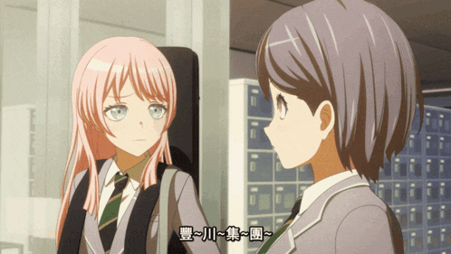 a girl with pink hair is talking to a girl with gray hair in a cartoon