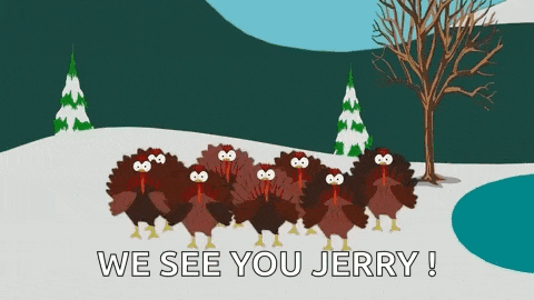 a group of turkeys standing in the snow with the words we see you jerry