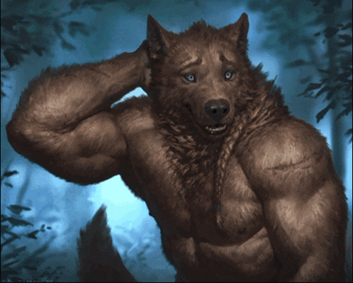 a man in a white tank top is standing next to a wolf