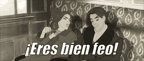 a man and a woman are sitting on a couch with the words `` eres bien feo '' written on the bottom .