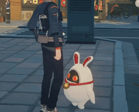 a man standing next to a white rabbit with red eyes and a bell around its neck