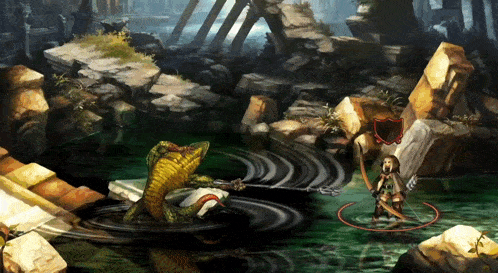 a video game scene with a lizard and a warrior