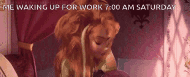 a cartoon of anna from frozen waking up for work on saturday