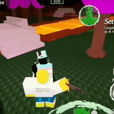 a cartoon character is holding a sword in a video game