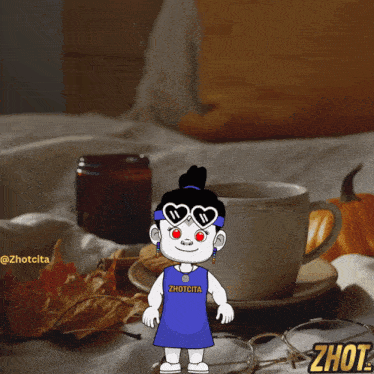 a cartoon of a girl standing next to a cup of coffee says good zhot