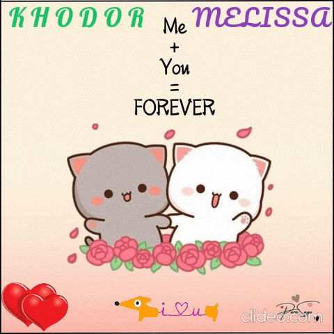 a cartoon of two cats standing next to each other with the words khodor me + you = forever