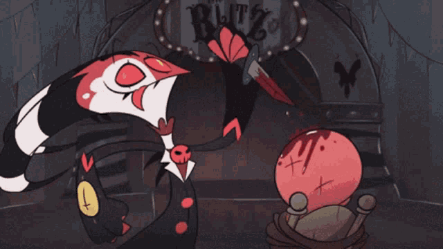 a cartoon character holding a knife in front of a sign that says " blitz "