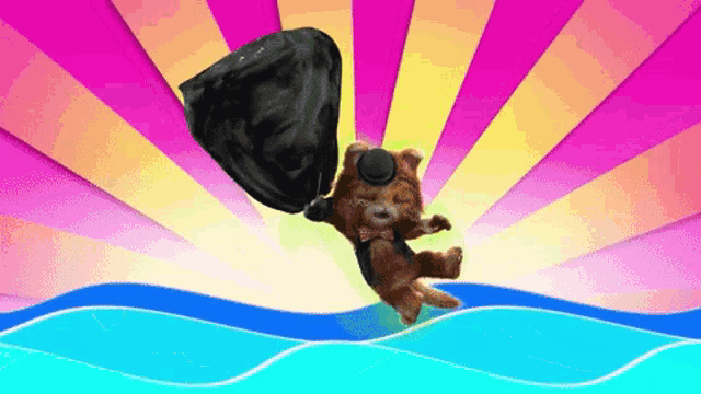 a teddy bear wearing a top hat and bow tie is holding a black object