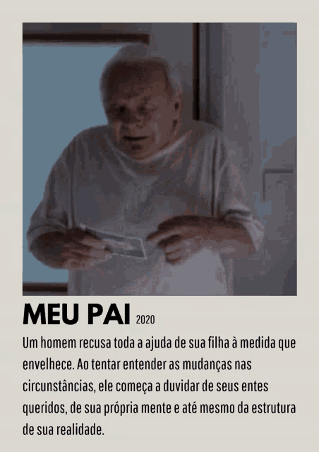 a movie poster for meu pai shows an older man holding a photo