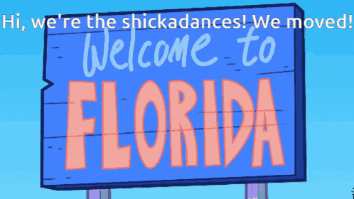a group of cartoon characters are standing in front of a sign that says " hi we 're the shickadances "