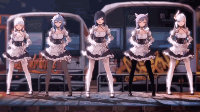 a group of anime girls are standing in front of a train that has the number 0527 on it