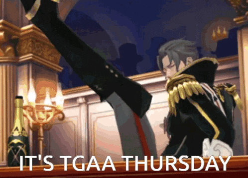 a cartoon of a man with his leg up and the words it 's tgaa thursday below him