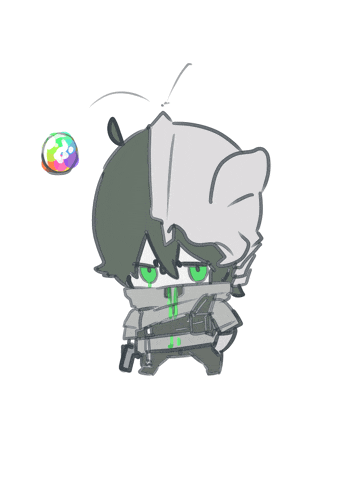 a drawing of a ninja with green eyes and a rainbow ball in the background