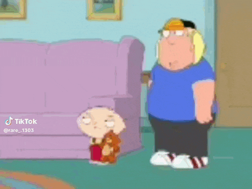 a couple of cartoon characters standing next to each other in a room .