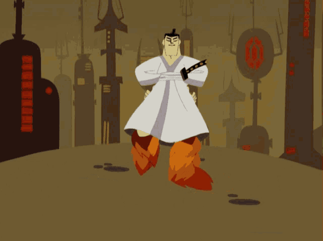 a cartoon of a samurai holding a sword in front of a city