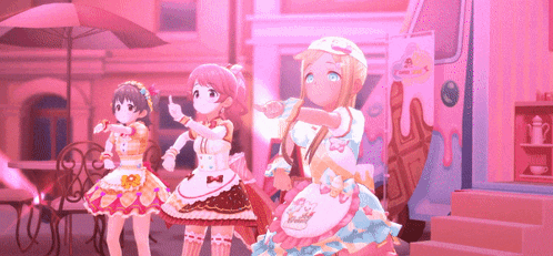 a group of anime girls are standing in front of a pink truck