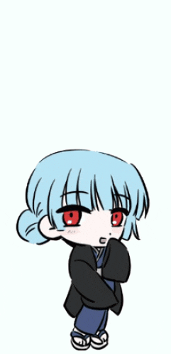 a girl with blue hair and red eyes is wearing a black jacket