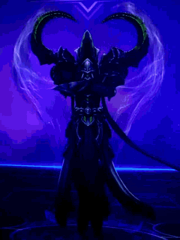 a demon with horns and a long tail stands in front of a blue background