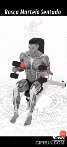 a man is holding dumbbells while sitting on a bench with the words " rosca martelo sentado " on the top