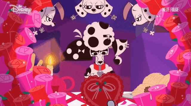 a dalmatian holding a heart in front of a disney logo