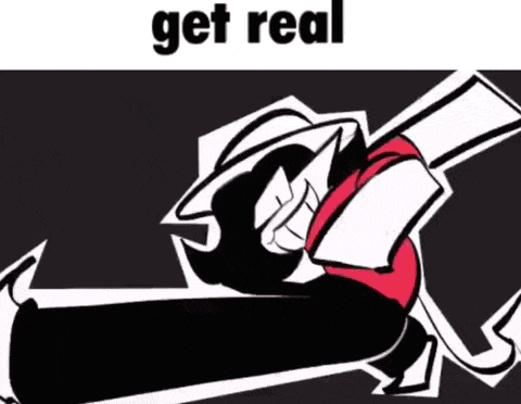 a black and white cartoon character with a red scarf around his neck and the words `` get real '' .